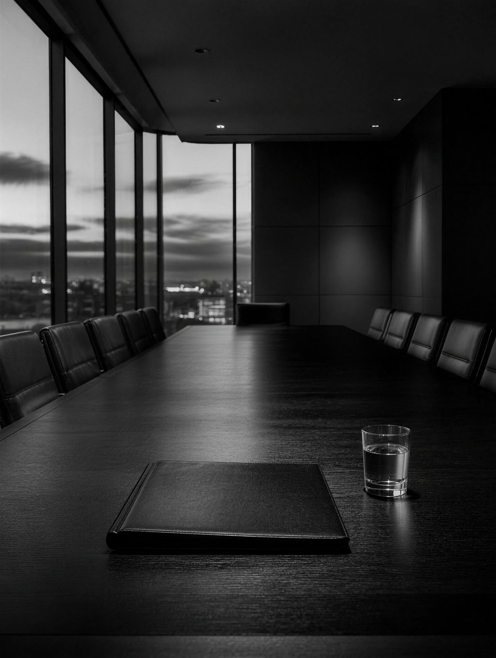 An empty boardroom at dusk, city beyond the glass, one closed folder and a glass of water at the head of the table.