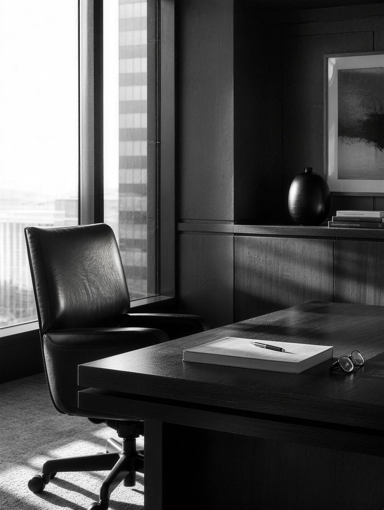 A chief executive’s office at first light: an empty leather chair turned toward the window, a squared stack of paper on the desk.