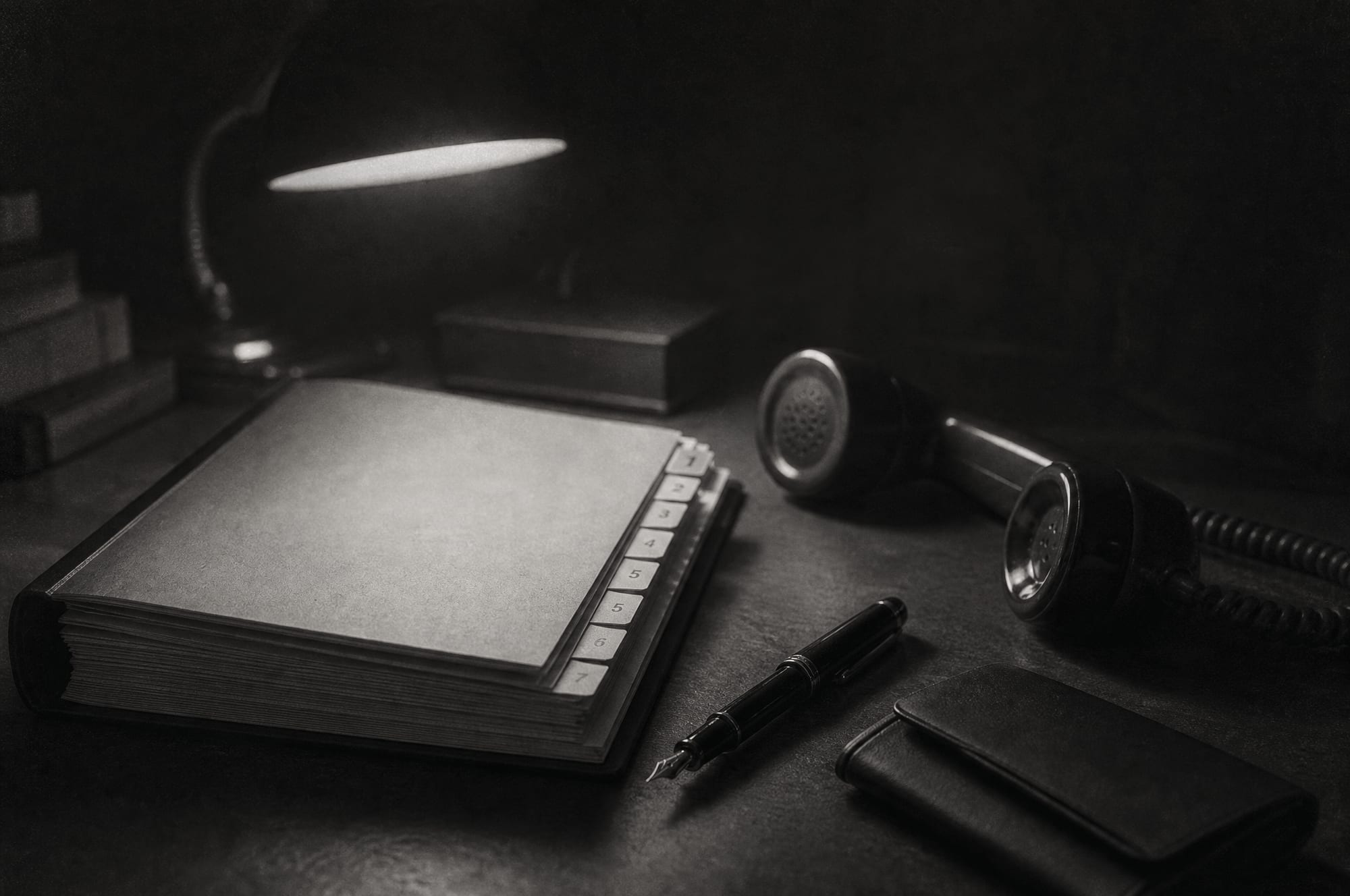 A bound document with numbered tabs, an uncapped fountain pen and a phone handset off its cradle, lit by one desk lamp.